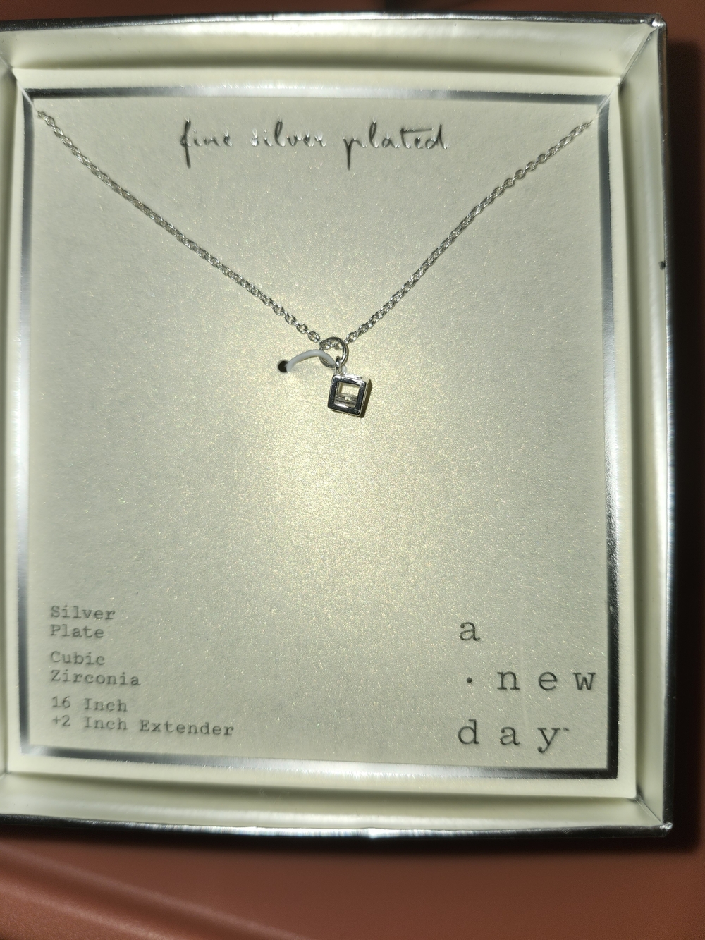 a new day Silver-Plated Square CZ Pendant Necklace - White/Silver